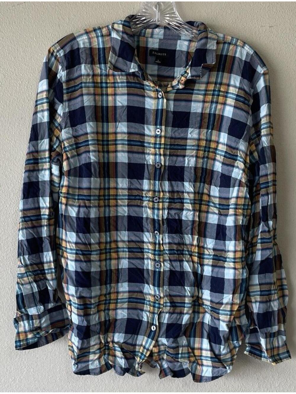 talbots large plaid button down shirt blue yellow, white Free Shipping